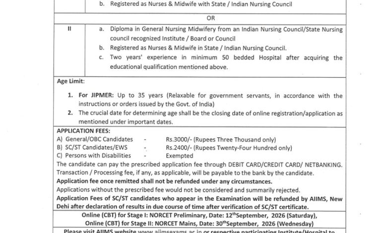 JIPMER NORCET-11 Nursing Officer recruitment notice, page 1