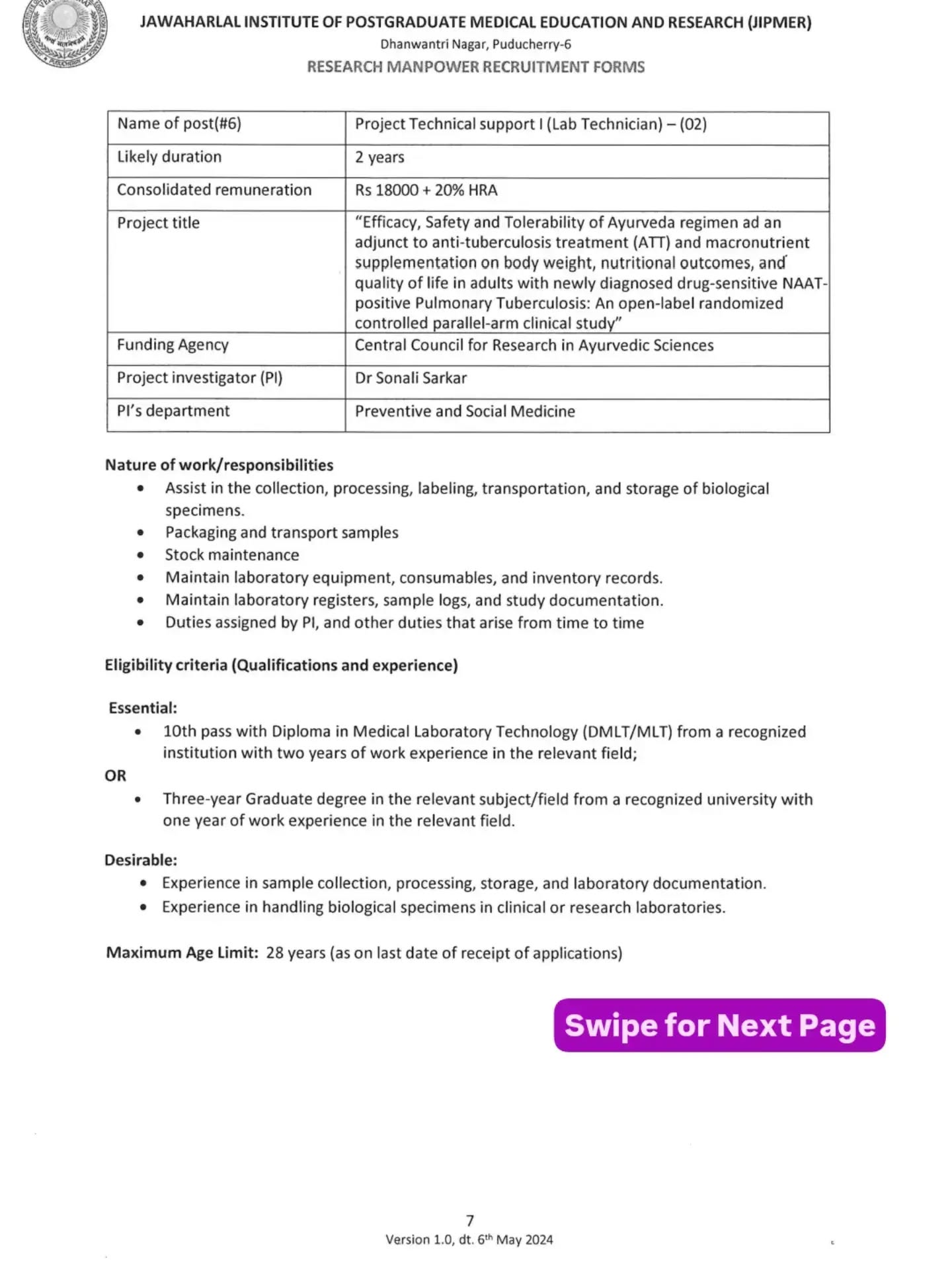 JIPMER ஆட்சேர்ப்பு அறிவிப்பு பக்கம் 7 — பணி #6 — Project Technical Support-I (ஆய்வக உதவியாளர்)