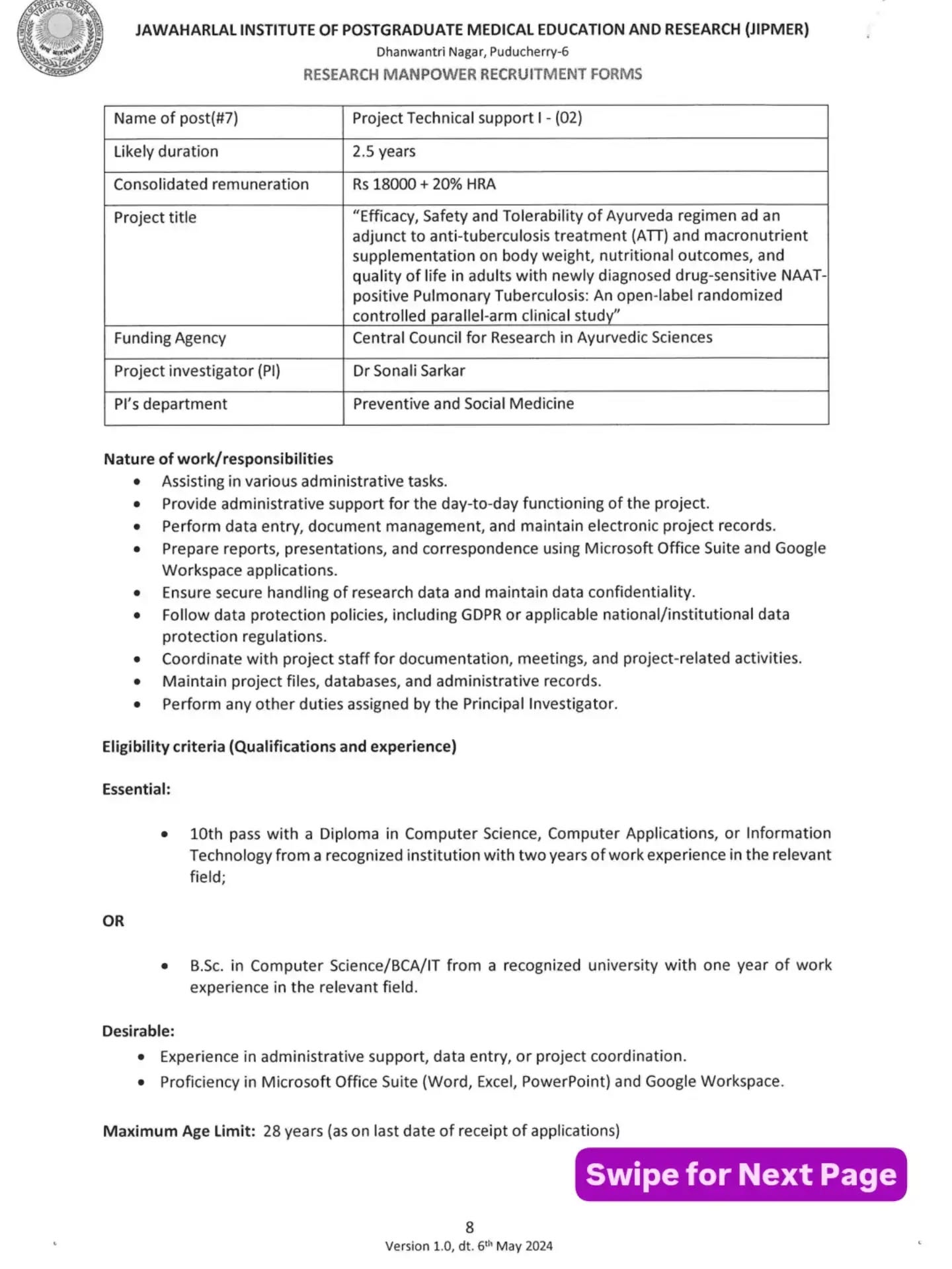 JIPMER ஆட்சேர்ப்பு அறிவிப்பு பக்கம் 8 — பணி #7 — Project Technical Support-I (நிர்வாக உதவியாளர்)