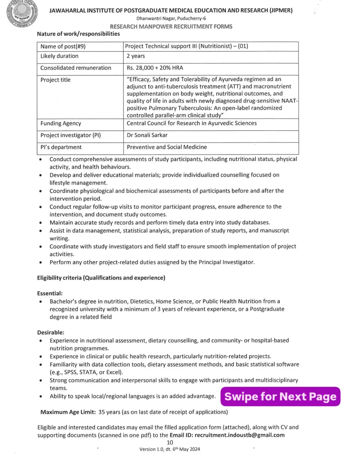 JIPMER ஆட்சேர்ப்பு அறிவிப்பு பக்கம் 10 — பணி #9 — Project Technical Support-III (ஊட்டச்சத்து நிபுணர்) மற்றும் விண்ணப்ப மின்னஞ்சல் முகவரி