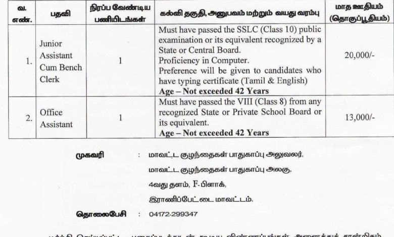 ராணிப்பேட்டை மாவட்ட இளஞ்சிறார் நீதிக்குழும வேலைவாய்ப்பு செய்திக்குறிப்பு